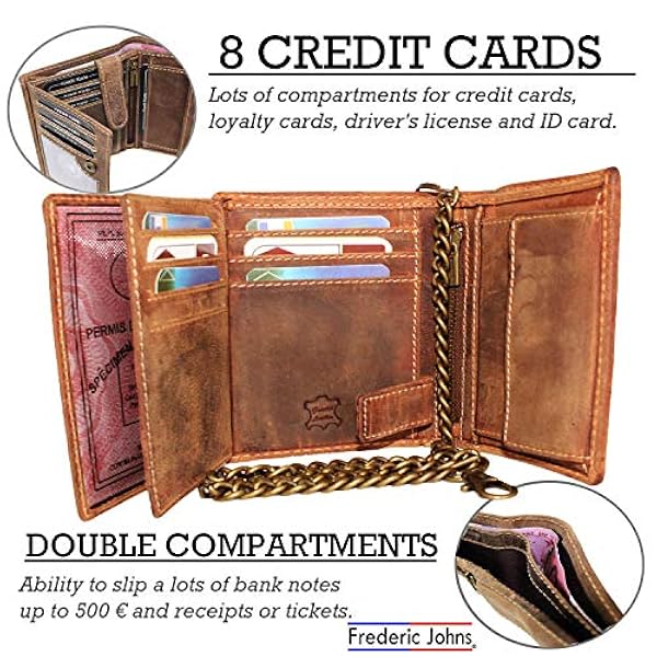 Frederic&Johns ® - Biker plånbok i äkta kohud för män - med metallkedja - korthållare och valutahållare - hög kvalitet, kastanj, Taille unique, Årgång